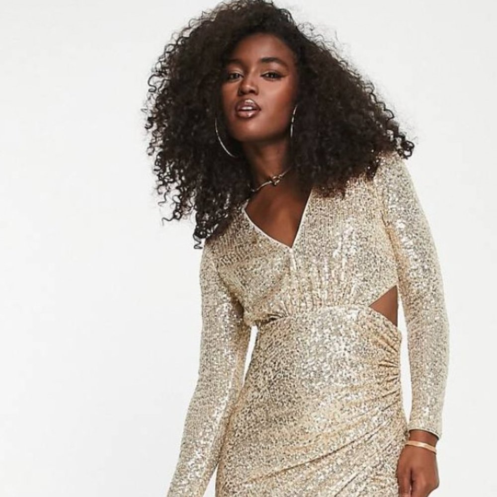 Forever New long sleeve cut-out midaxi dress in gold (UK 8/US 4)